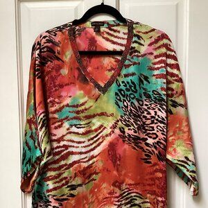 Dana Buchman orange, green and black tunic, size L (runs large)